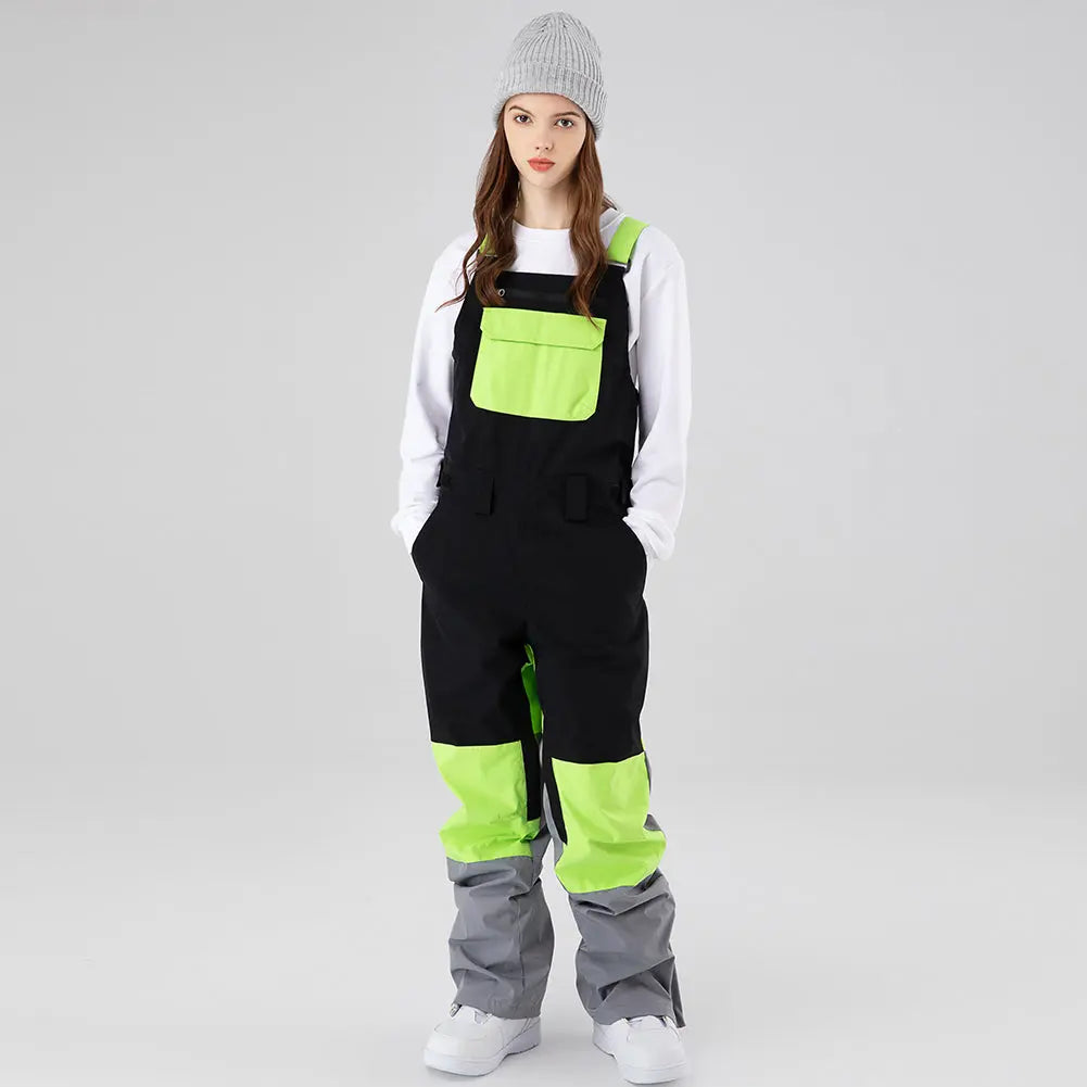 Cool Women Color Block Ski Overall Bib Pants With Adjustable Strap