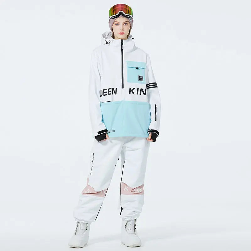 Matched Couple Half-zip Hooded Ski Jacket & Baggy Pants Set 