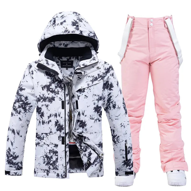Women Ski Snow Suits Printed Insulated jacket & Bibs Pants Set 