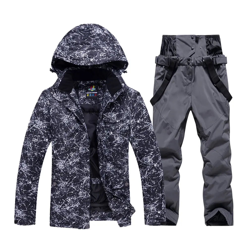 Unisex Marble Pattern Hooded Snowboard Ski Jacket and Pants Set