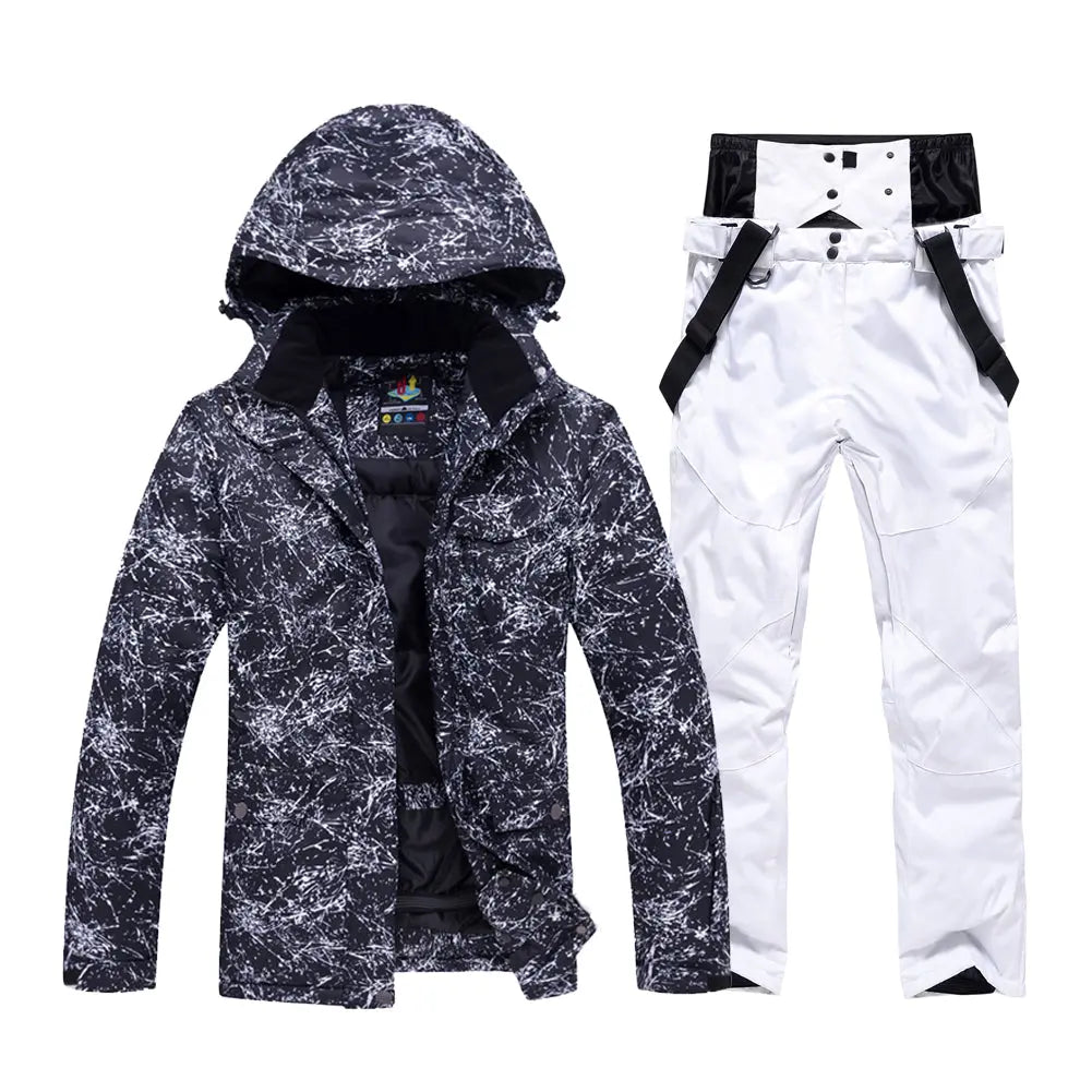 Unisex Marble Pattern Hooded Snowboard Ski Jacket and Pants Set