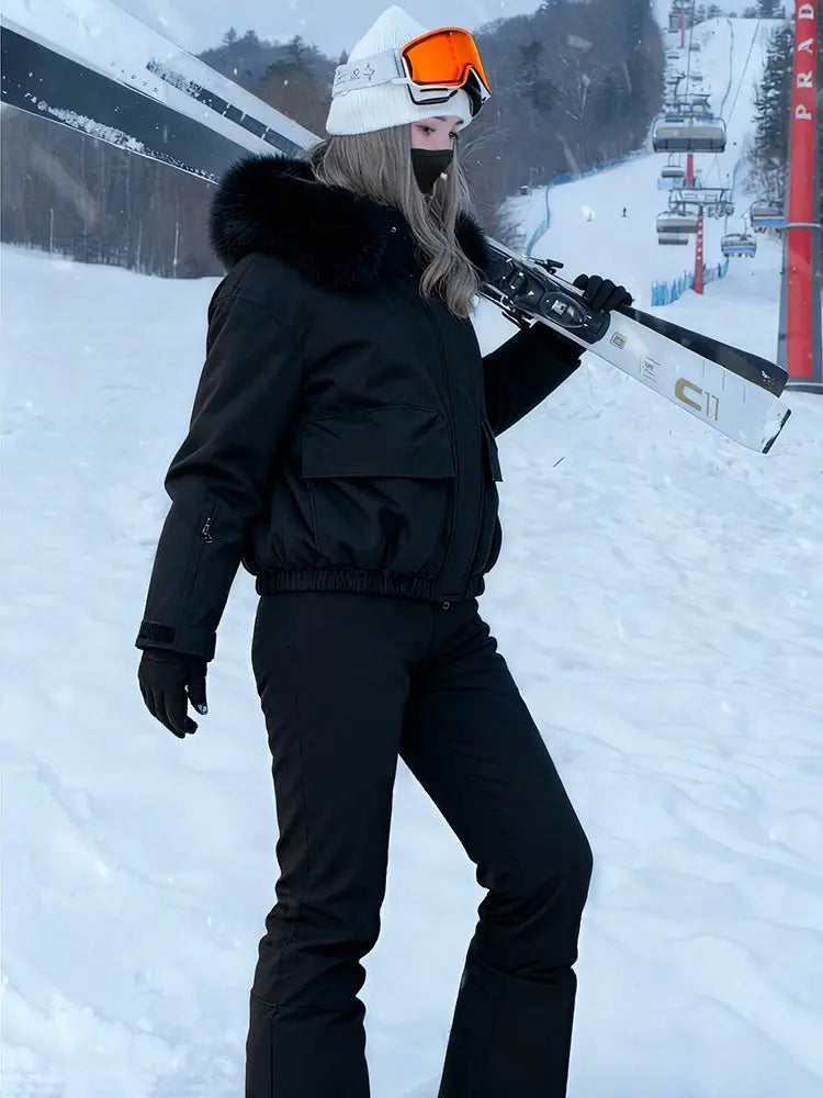 Women Fur Collar Snow Jacket &  Slim Fit Snow Bib Overalls