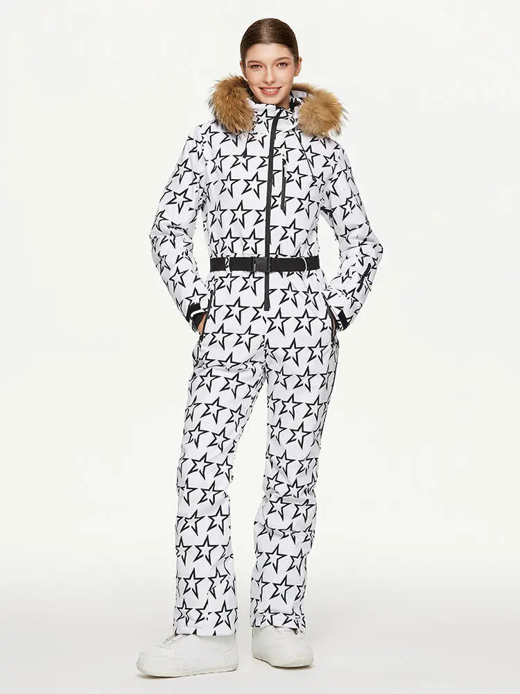 Women's Chic Full Body Onesie Ski Jumpsuit Houndstooth Printed Skisuits