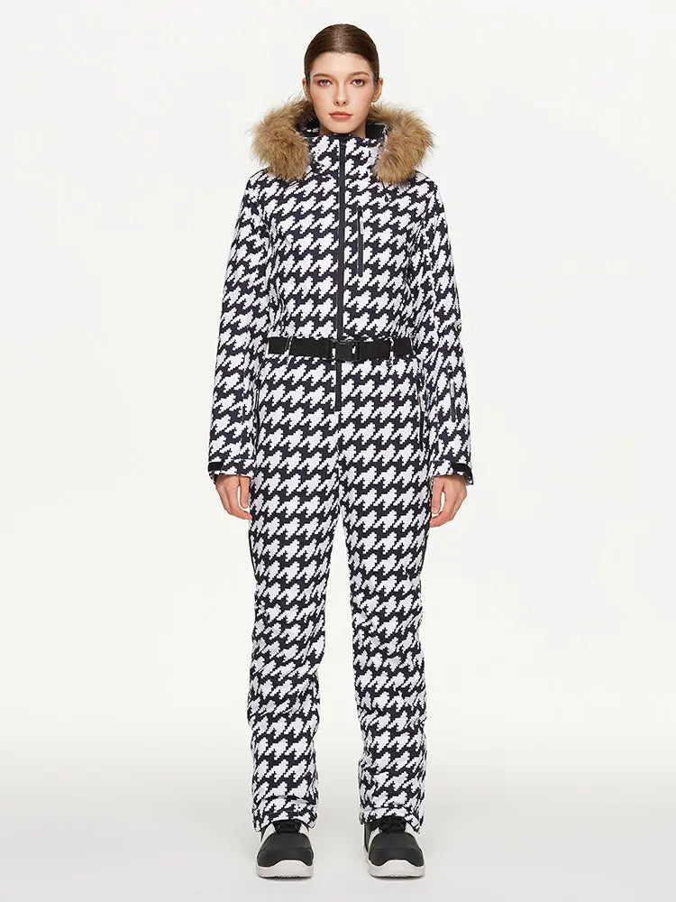 Women's Chic Full Body Onesie Ski Jumpsuit Houndstooth Printed Skisuits