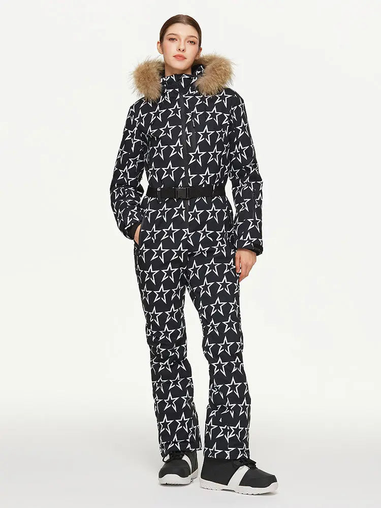 Women's Chic Full Body Onesie Ski Jumpsuit Houndstooth Printed Skisuits