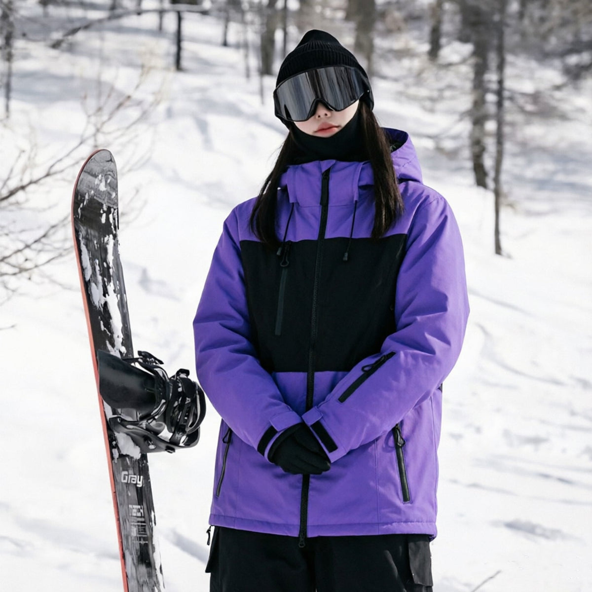 Unisex Color-Panel Hooded Ski Shell Coat